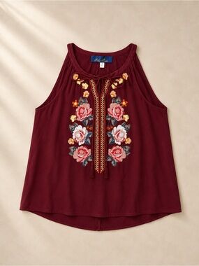 NWT Blue Rain Burgundy Embroidered Floral Boho Tank Top Women Medium Francesca’s
